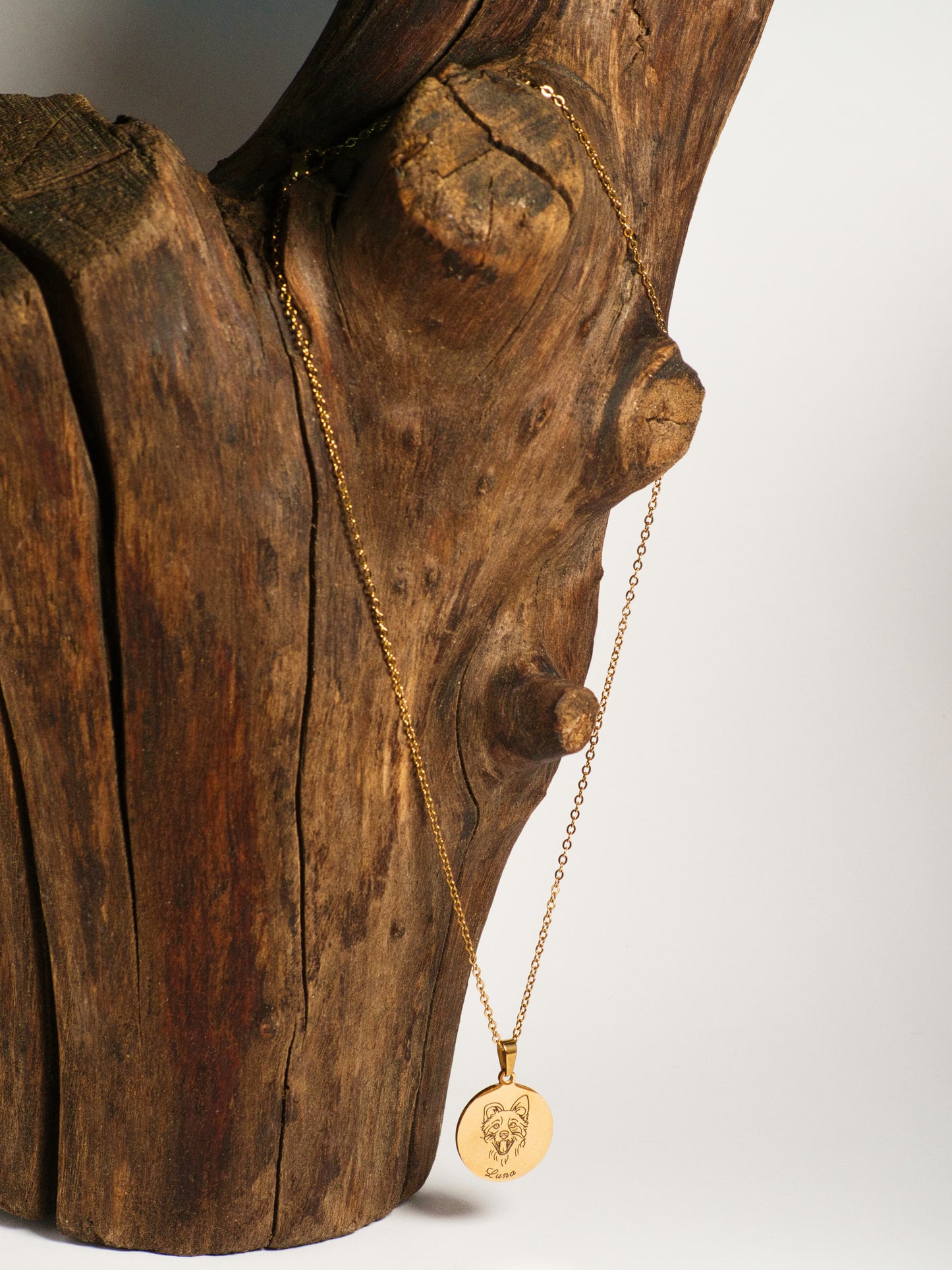 Hunde Ketten Gold an Holz Block 