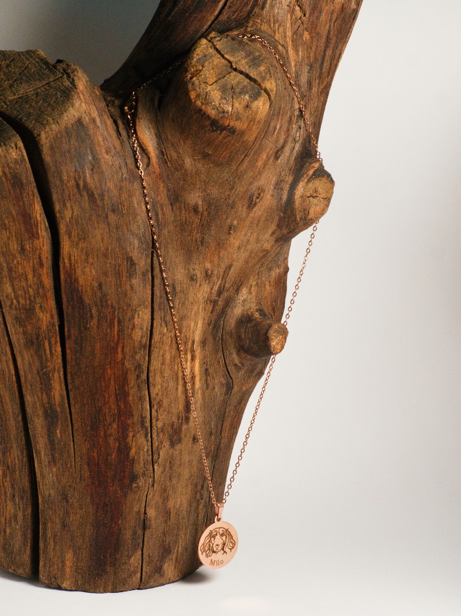 Hunde Ketten Rose Gold an Holz Block 