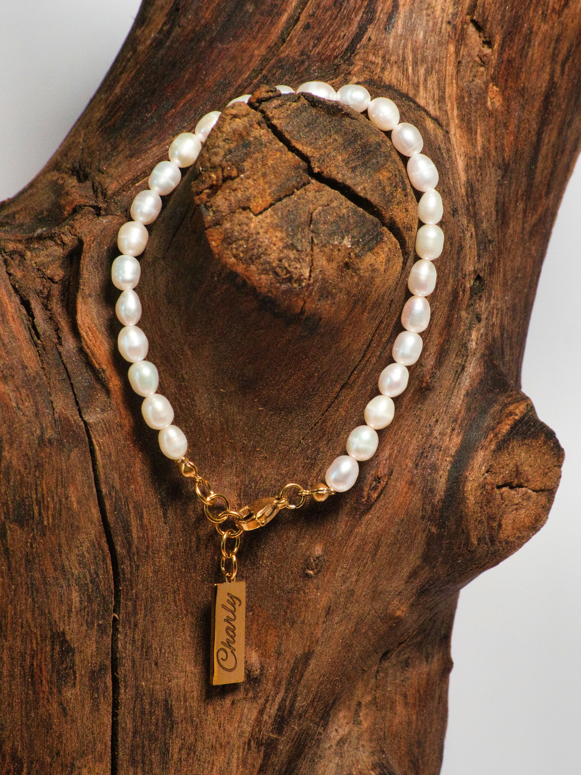 Hunde Perlenarmband Gold an Holz Block 